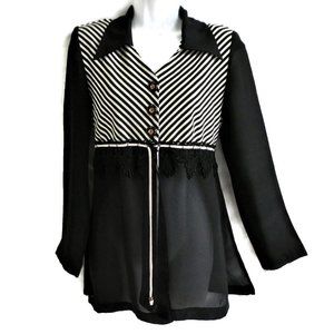 Vintage 70s Oro Fashion Tunic Top Black Sheer White Stripe V Lace Macrame USA S